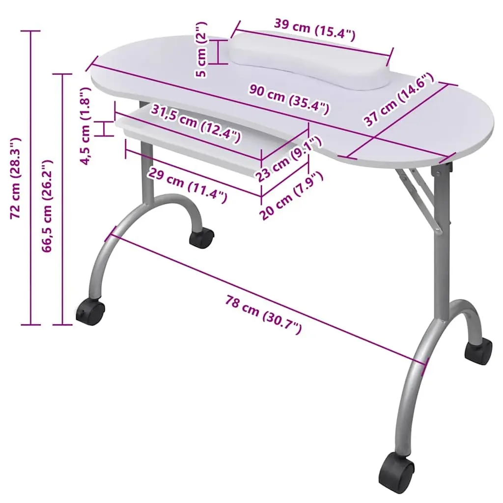 Folding Manicure Nail Table White Portable with Thick Wrist Cushion and Lockable Castors