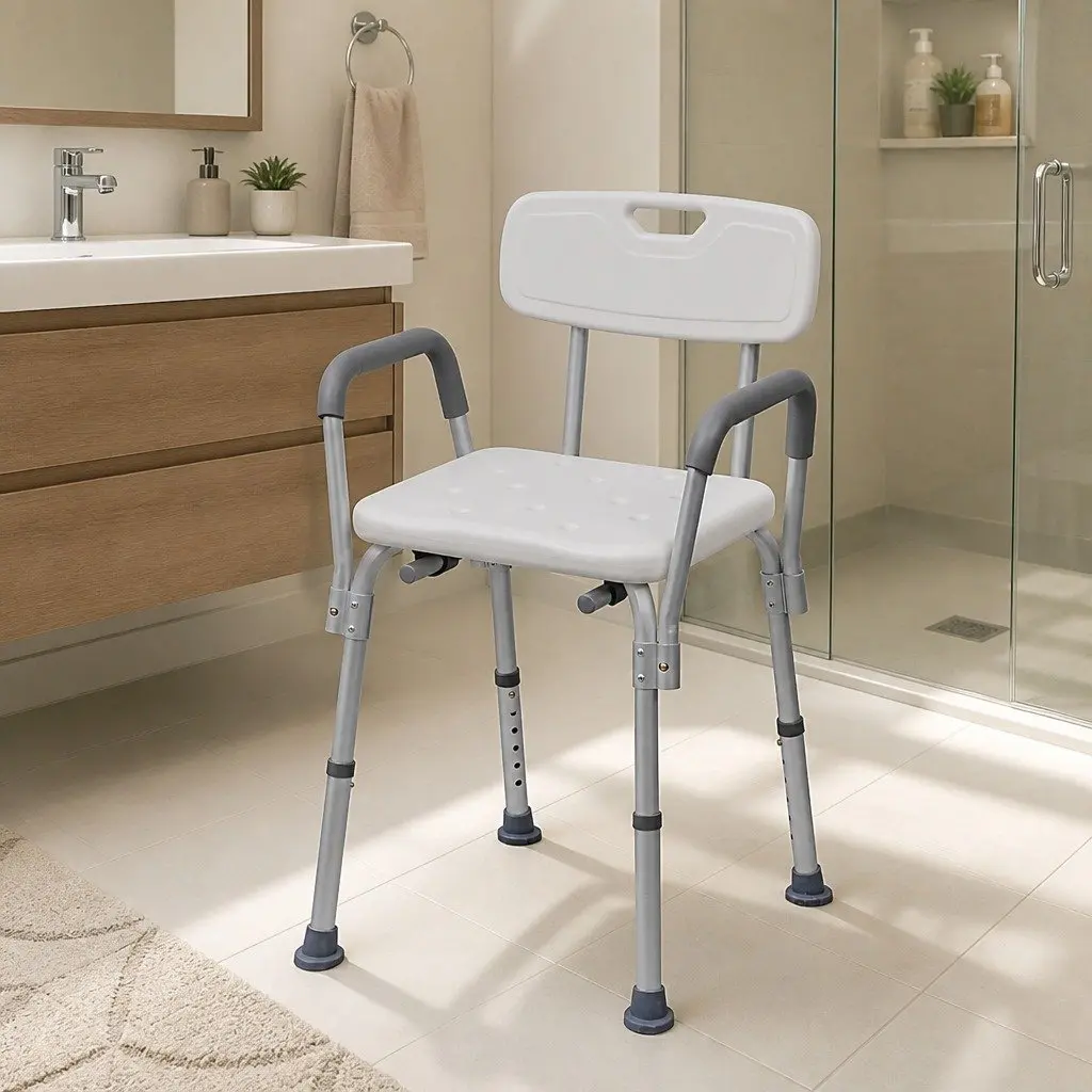 Adjustable Height Shower Seat White Mobility Support Bathing Chair for Elderly