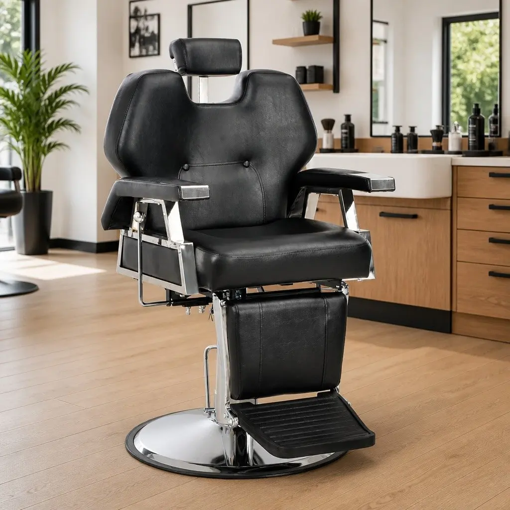 Black Barber Chair Rotatable Seat Adjustable Headrest and Footrest for Salon Use