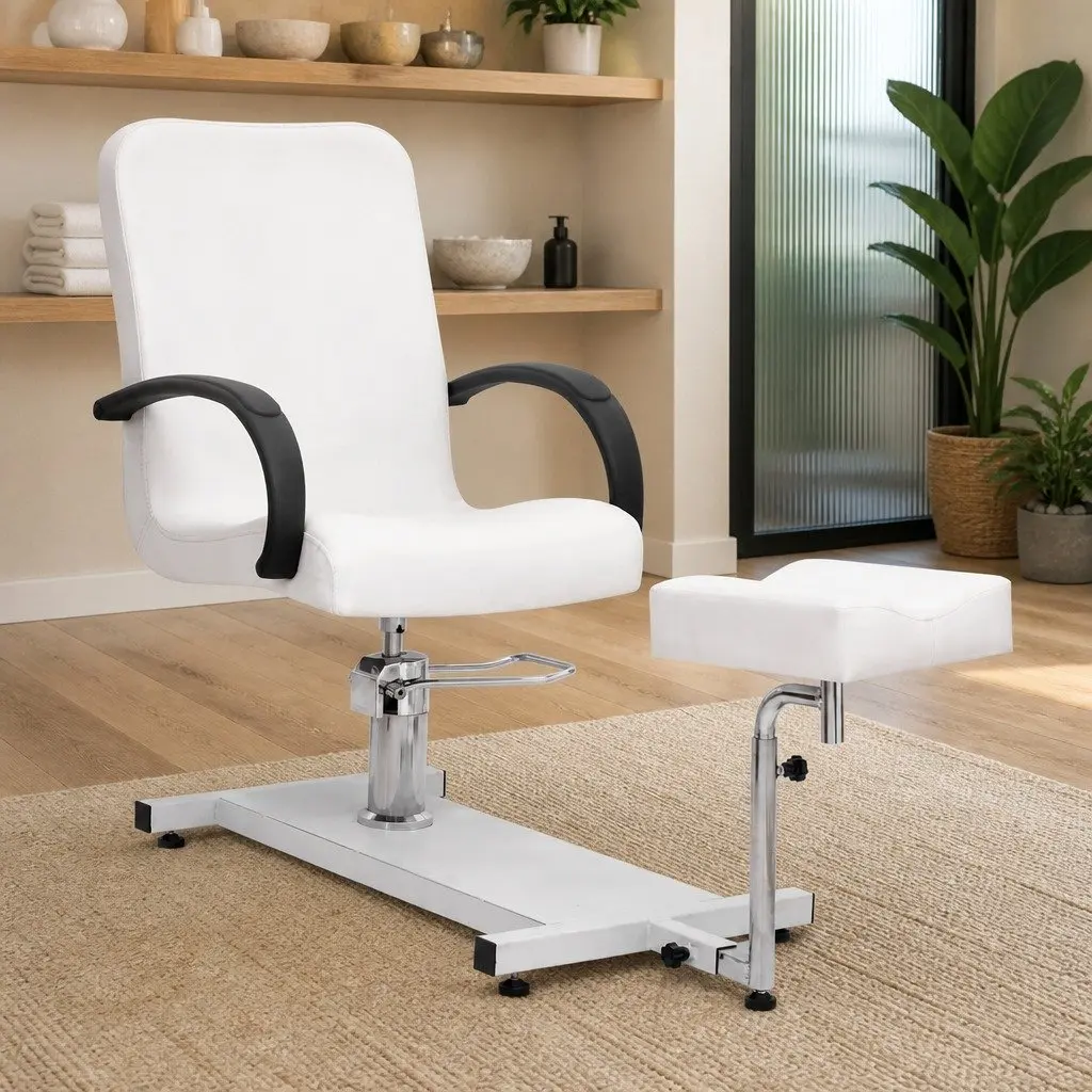 Massage Chair with Footrest White 360 Degree Rotating Padded Seat for Professional Beauty Treatment