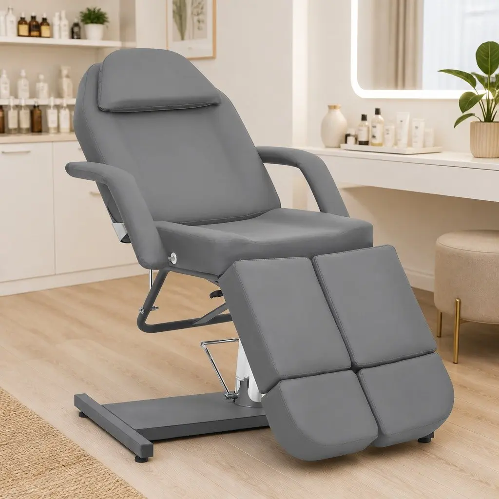 Beauty Treatment Chair Grey Faux Leather Adjustable Backrest 360 Degree Rotating