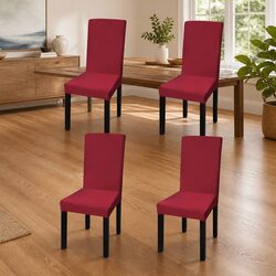 Straight Stretchable Chair Cover Red Set 4 pcs Soft Wrinkle Resistant Protective