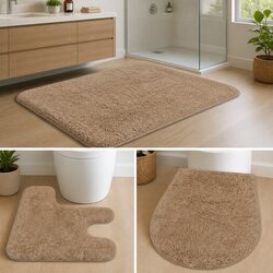 Bathroom Mat Set 3 Pieces Beige Bath Pedestal Toilet Lid Cover Non-Slip Floor