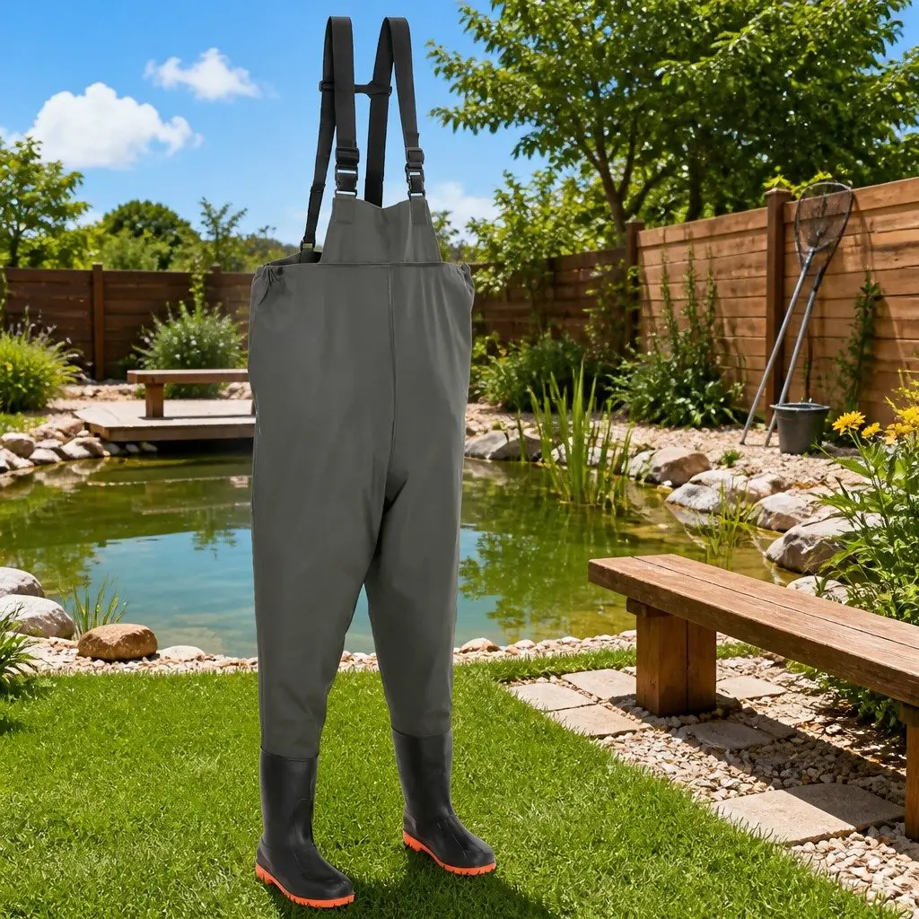 Chest Wading Pants Size 43 with Attached Boots Waterproof Adjustable Shoulder Straps Green