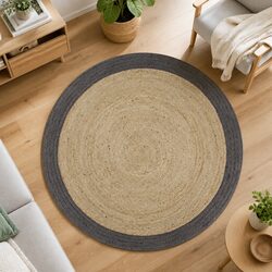 Handmade Jute Area Rug Natural Centre Grey Border Round Braided Carpet Home
