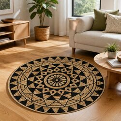 Handmade Jute Area Rug with Black Floral Print 120cm Round Carpet Home Decor