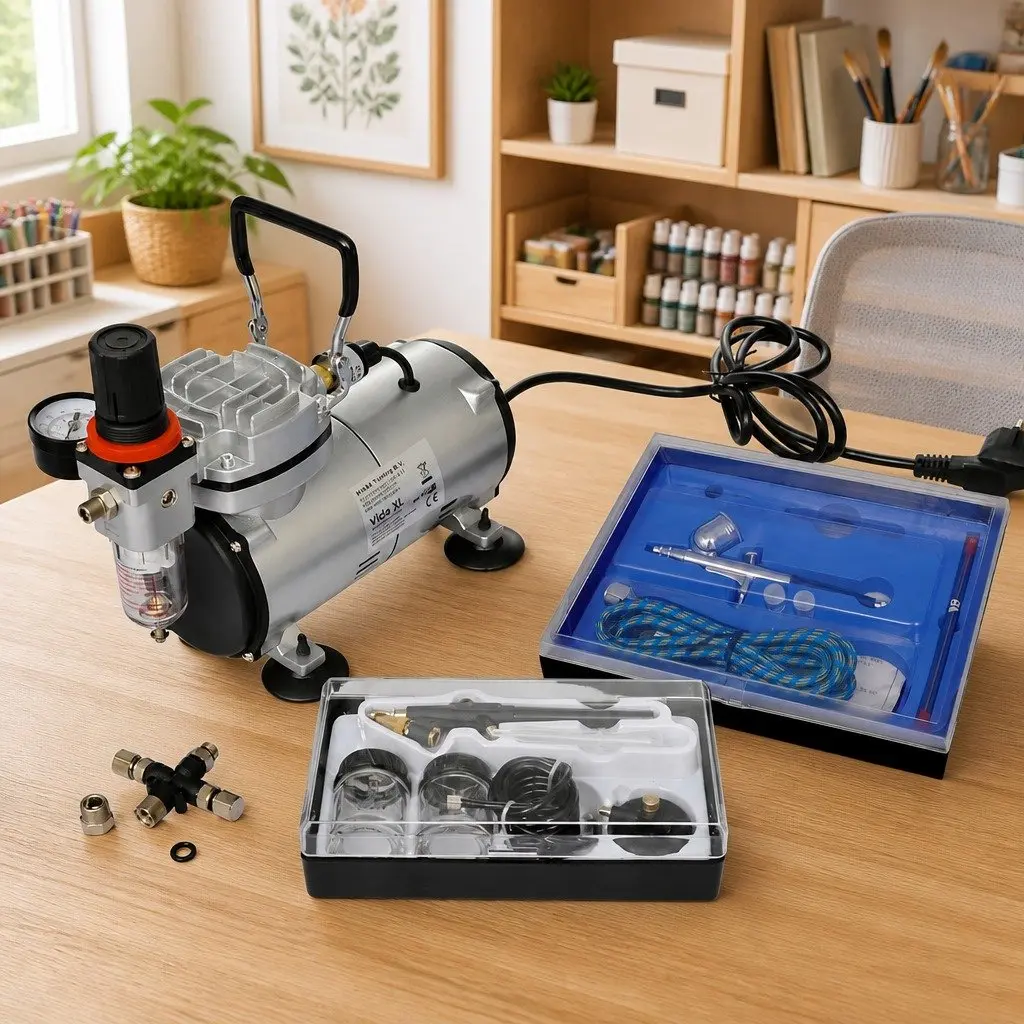 Airbrush Compressor Set Mini Oil-Free Piston with Dual Spray Guns and Adjustable Air Pressure Control