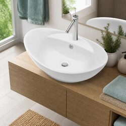 Oval Ceramic Basin Bathroom Sink White Overflow Faucet Hole Modern Washroom