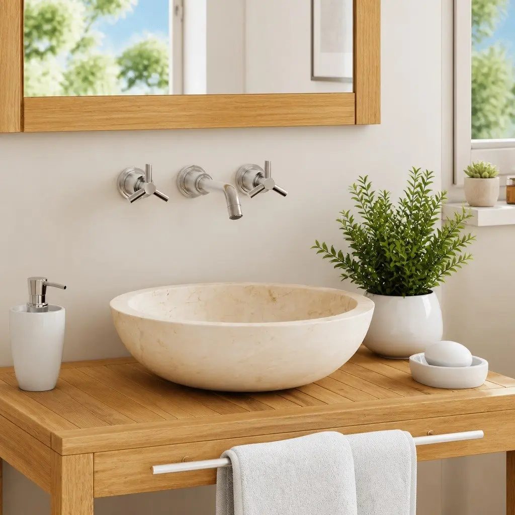 Bathroom Basin Sink 40x12 cm Cream Rectangular Handmade Natural River Stone