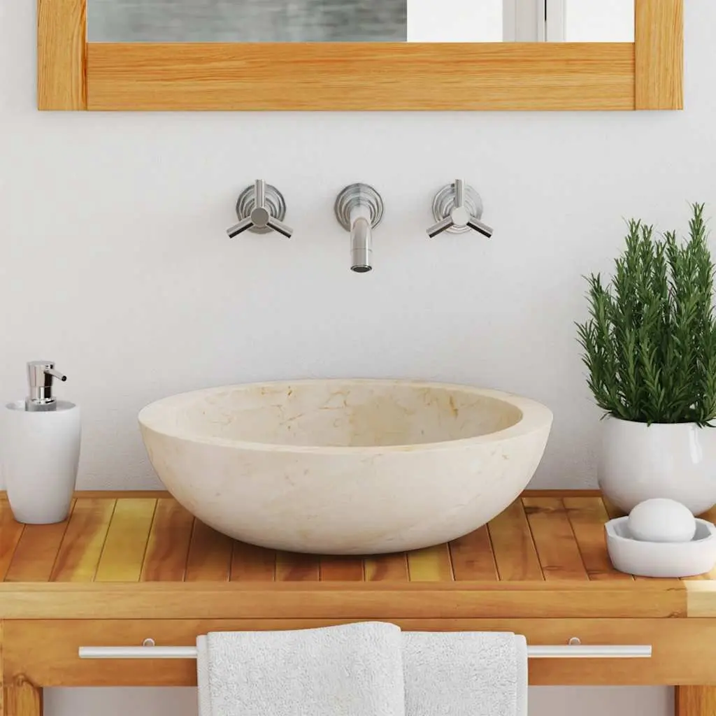 Bathroom Basin Sink 40x12 cm Cream Rectangular Handmade Natural River Stone