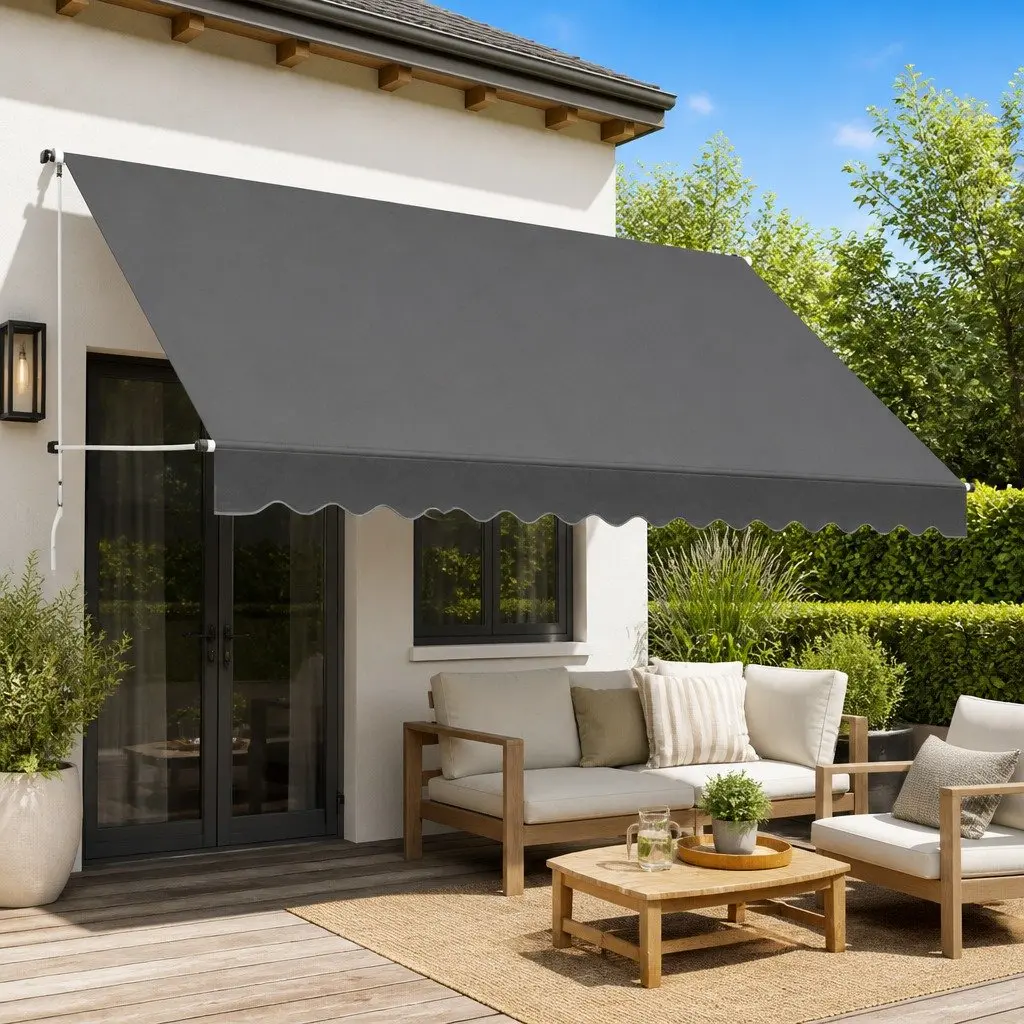 Retractable Awning 350cm Manual Operation Polyester Canopy Steel Frame Weather Resistant
