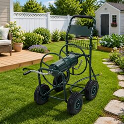 Organized Garden Hose Trolley with Tool Basket