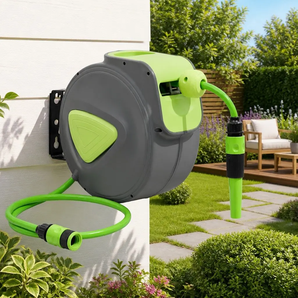 Automatic Retractable Wall Mounted Garden Water Hose Reel 10m with Spray Nozzle