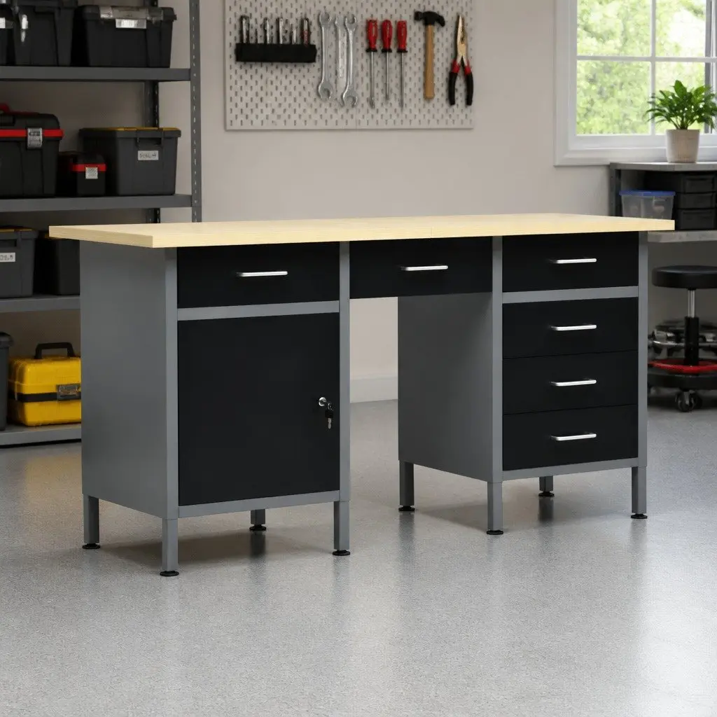 Heavy Duty Workbench 160x60x85cm 6 Drawers Lockable Cabinet Storage