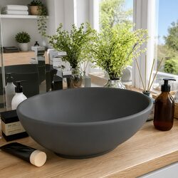 Oval Bathroom Basin Grey Ceramic Matt Sink 40x33 cm Wash Vessel Countertop