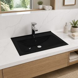 Ceramic Bathroom Basin Rectangular 60x46 cm Black Matt Faucet Hole Wall Hung