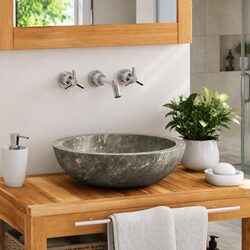 Bathroom Basin Round Grey Marble Sink 40cm Diameter Handmade Natural Stone