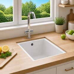 Kitchen Sink Single Basin White Granite Above Under Mount Strainer Included