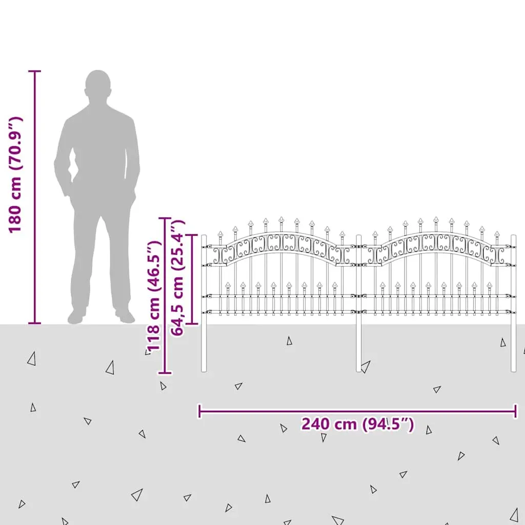 Garden Fence Panel 240 x 75 cm Black Spear Top Powder-Coated Steel Outdoor Perimeter Barrier