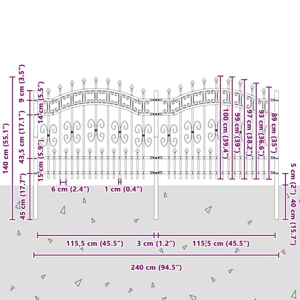 Garden Fence Panel Black Spear Top Steel Outdoor Perimeter Barrier Decorative