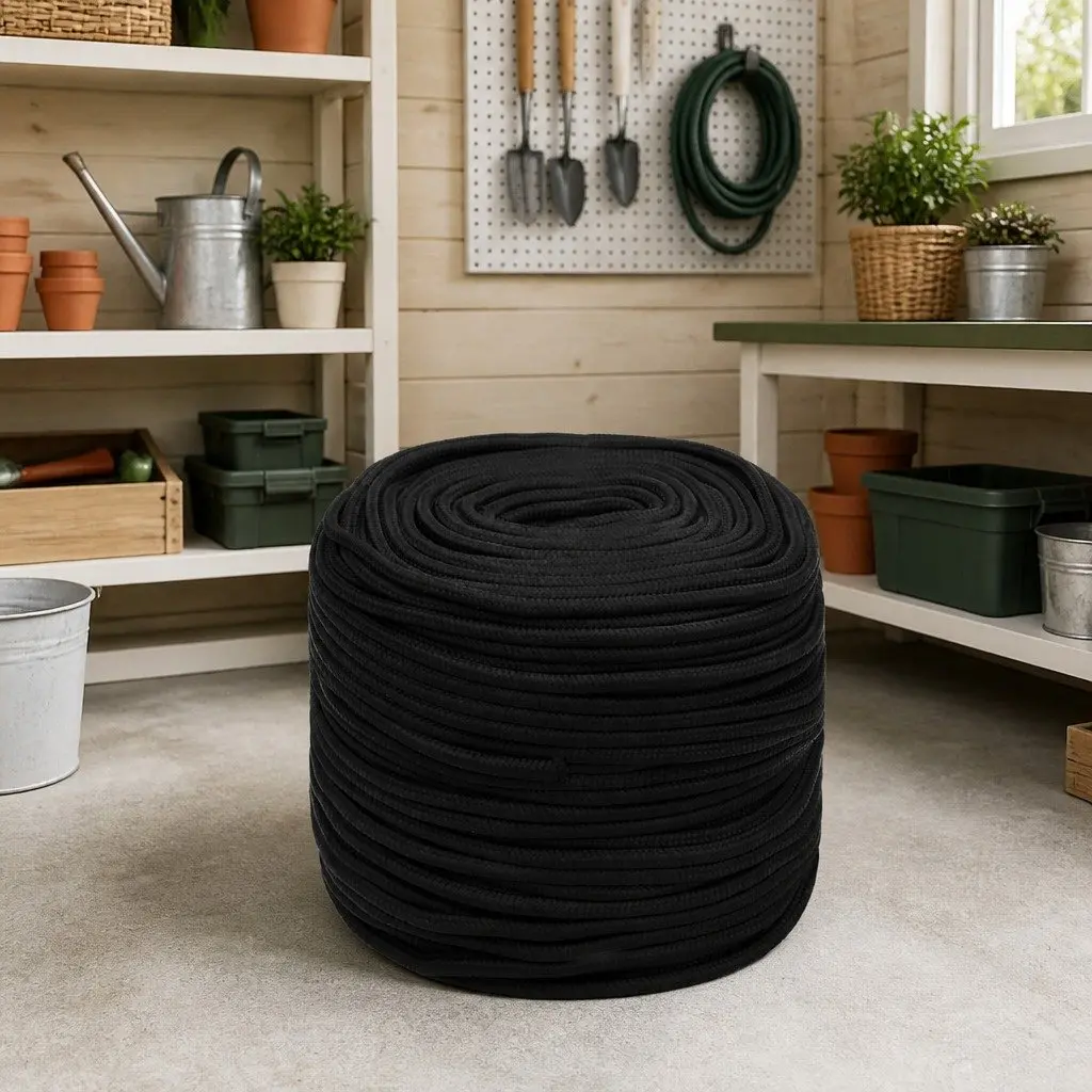 Braided Work Rope 8mm 50m Black Polyester Cord UV Resistant Durable General Purpose