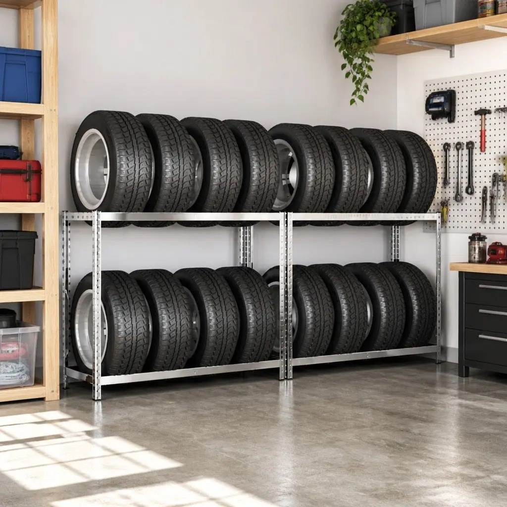 2-Layer Tire Racks Steel Frame Adjustable Height Garage Organization