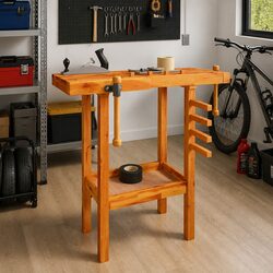 Workbench with Vices 92x48x83 cm Solid Wood Storage Shelf Garage Workshop