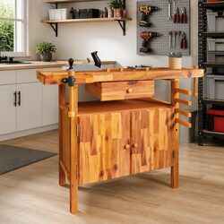 Wooden Workbench with Drawer Storage Compartment Solid Acacia Wood 124x52x83cm