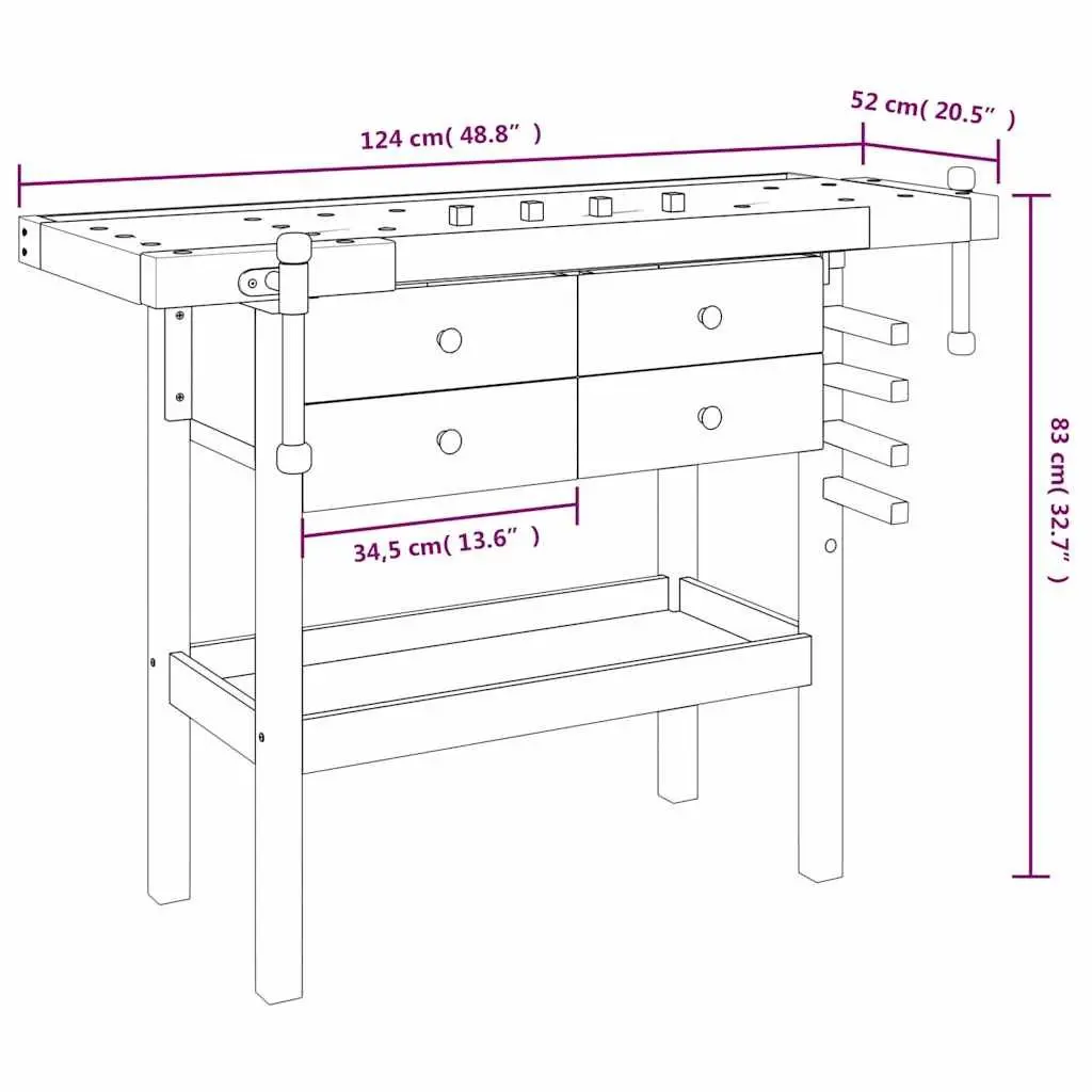 Solid Wood Workbench 124x52x83cm with Drawers Shelf and Vices for Garage Workshop Storage