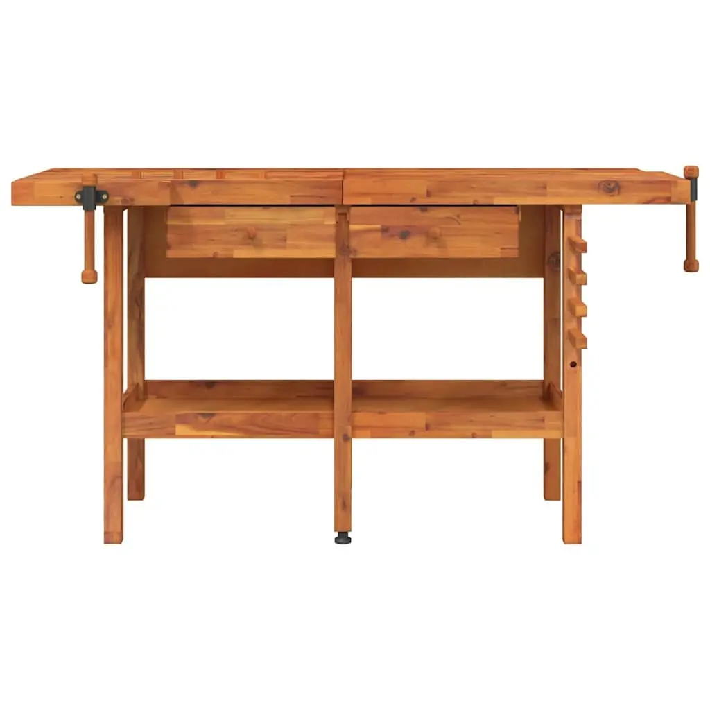 Solid Wood Workbench 162x62x83cm with 2 Drawers Shelf and Dual Vices