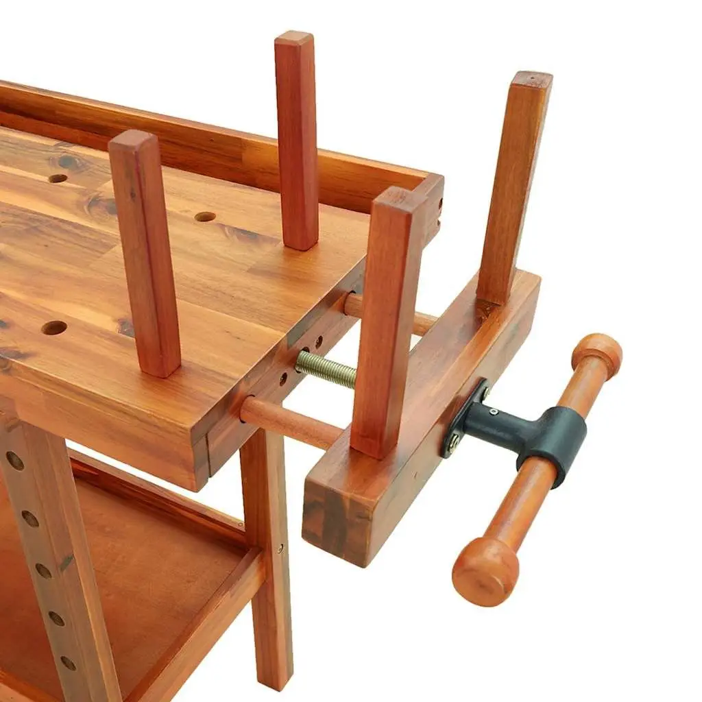 Solid Wood Workbench 162x62x83cm with 2 Drawers Shelf and Dual Vices