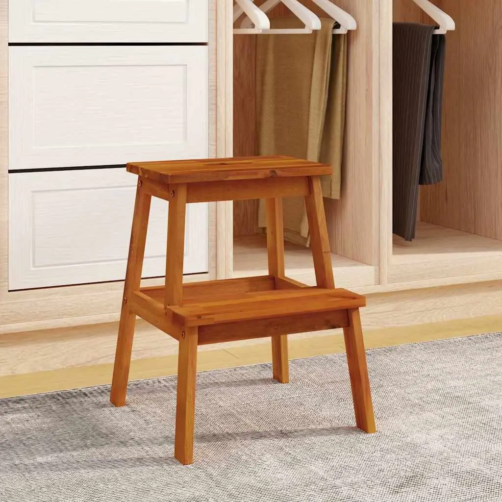 2 Step Stool Wooden Acacia Solid Construction Curved Edges Home Helper