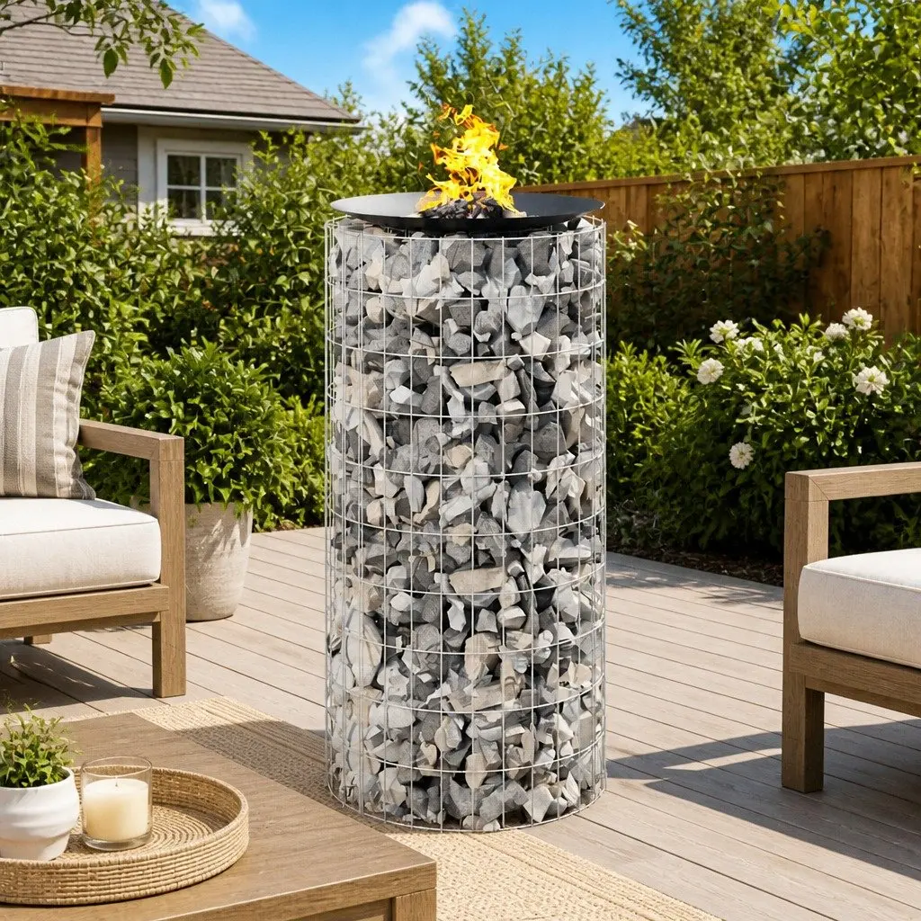 Gabion Fire Pit 50cm Round Durable Galvanised Iron Outdoor Fireplace Heater Silver