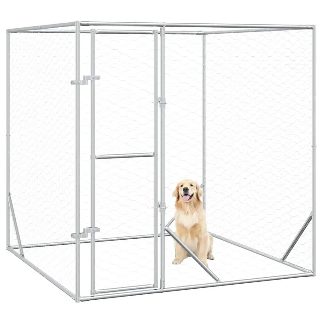 Outdoor Dog Kennel 2x2x2m Silver Spacious Enclosure Lockable Door Mesh