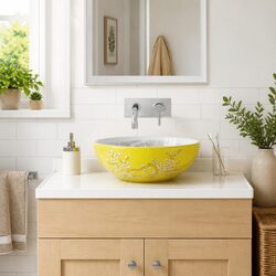 White and Yellow Ceramic Countertop Basin for Bathrooms