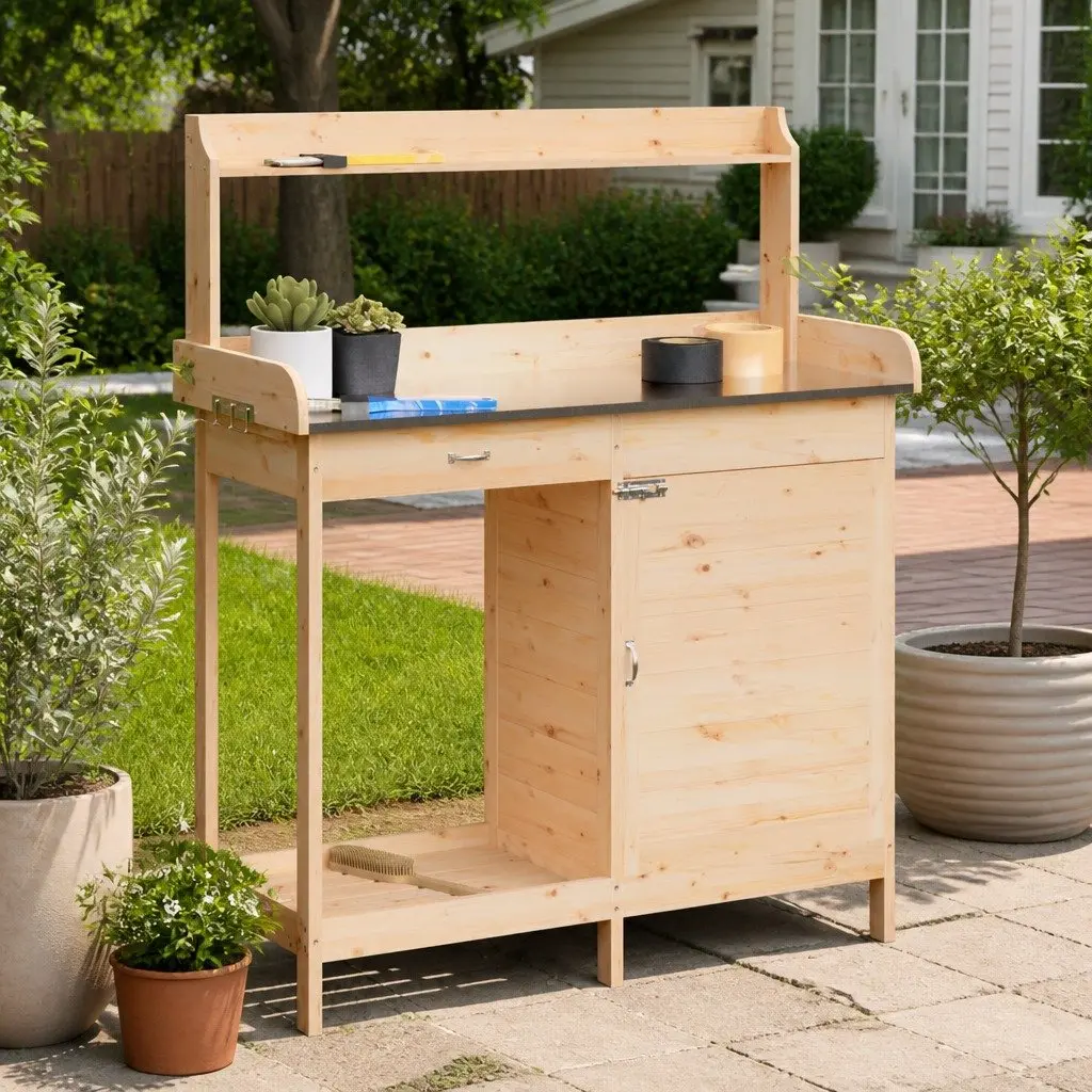 Potting Table 110.5 x 45 x 124.5 cm Solid Fir Wood with Storage Drawer Cabinet Shelf Brown