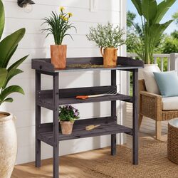 Plant Table with Shelves Grey Solid Wood Fir Garden Potting Stand Display