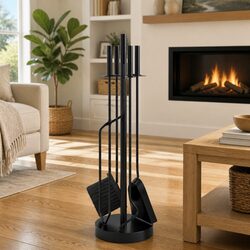 Fireplace Tool Set 5 Piece Steel Black Poker Rack Broom Shovel Pliers Hook Stand
