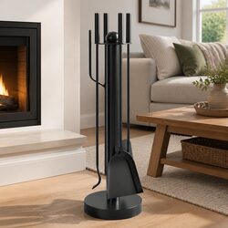 5 Piece Fireplace Tool Set Black Steel Poker Shovel Broom Brush Rack Stand