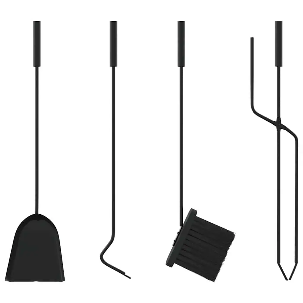 5 Piece Fireplace Tool Set Black Steel Durable Stand Includes Poker Shovel Broom Brush