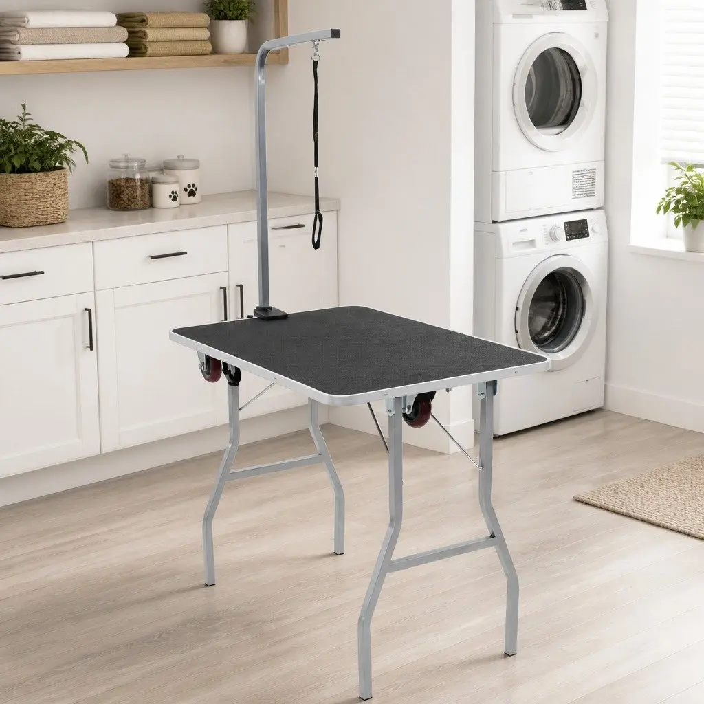 Adjustable Portable Pet Grooming Table with Non-Slip Surface and Castors