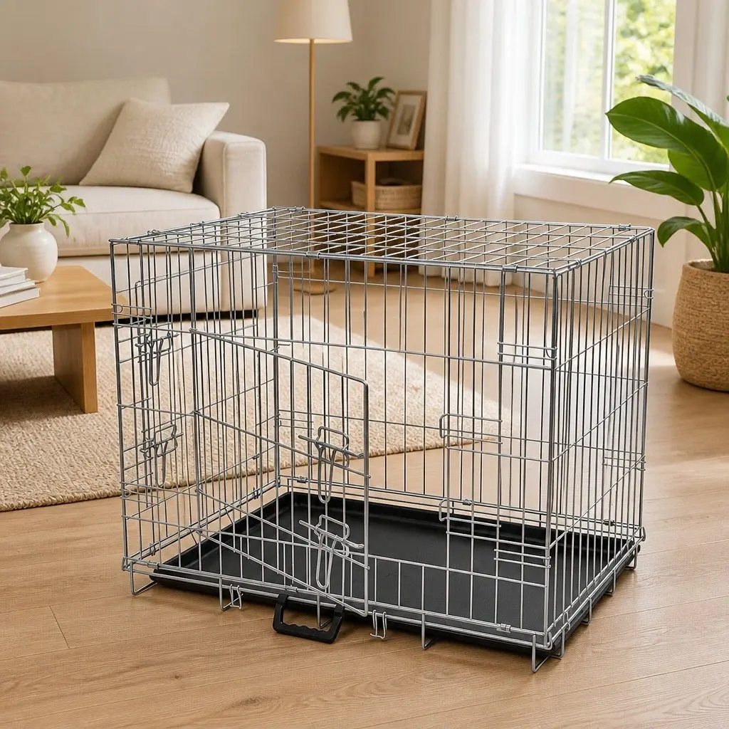Foldable Metal Dog Bench M Black Heavy-Duty Steel Frame Dual Doors Portable Pet Enclosure