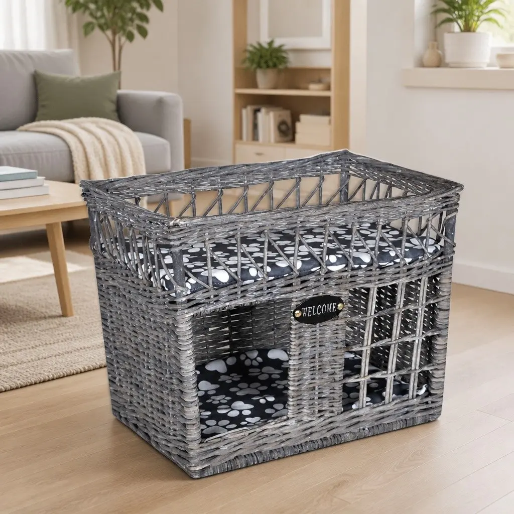 Cat House Grey Square Woven Willow Construction with Cushion