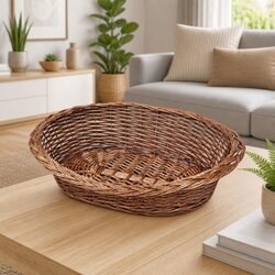 Dog Basket Pet Bed 50cm Brown Willow Woven Sleeping Rest Indoor Outdoor Garden
