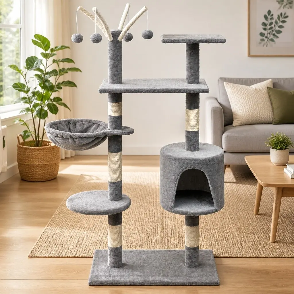 Cat Tree 125cm Grey Multi-Level Play Centre with Sisal Scratching Posts and Hammock