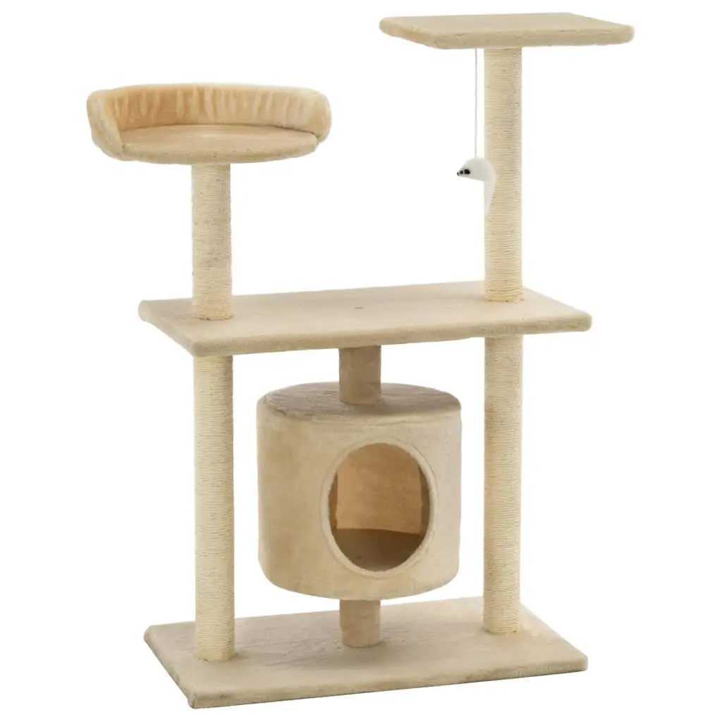 Cat Tree 95cm Beige Multi-Level Play Centre with Sisal Scratching Posts and Plush Covered Frame