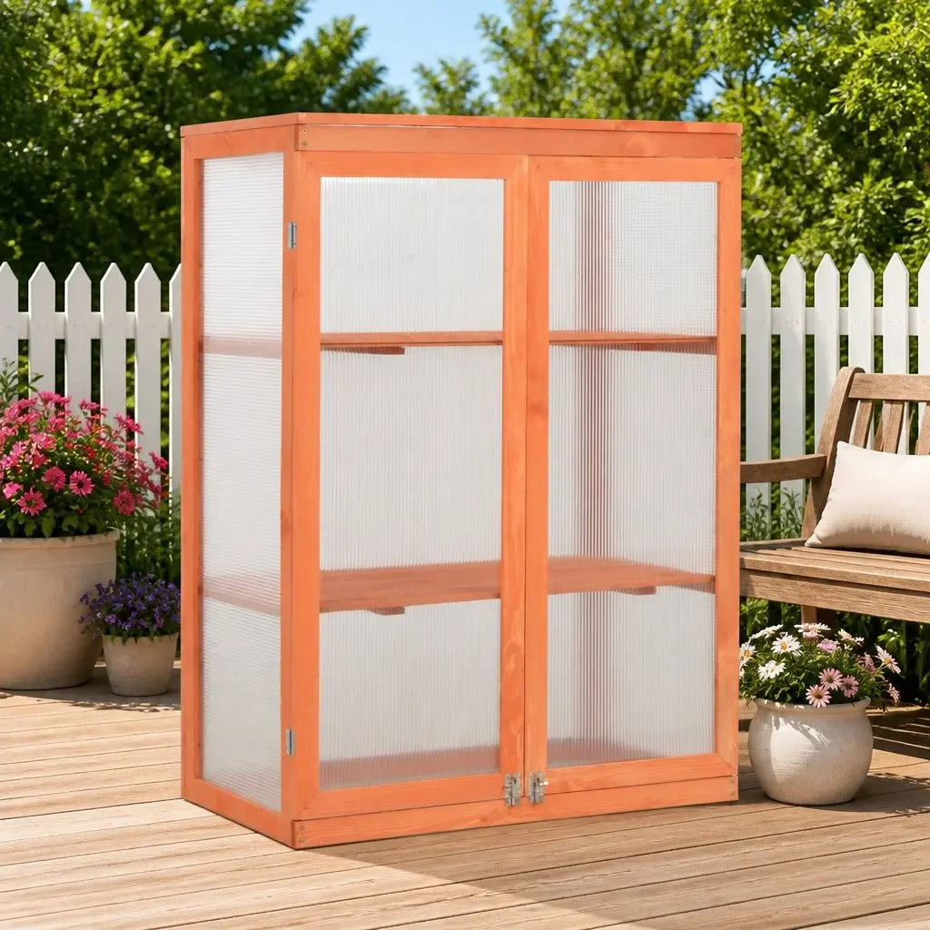 Wooden Garden Greenhouse 75x47x109cm Cold Frame with PC Board Panels and 2 Shelves for Plant Organization