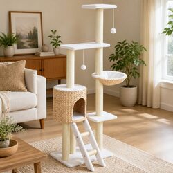Cat Tree with Sisal Scratching Post Seagrass Perch House Platform Brown