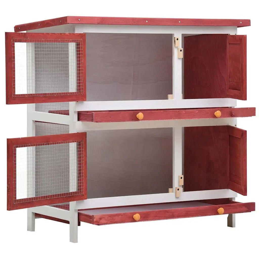 Outdoor Rabbit Hutch 2 Layer Red Wood 4 Doors Iron Wire Mesh Enclosure