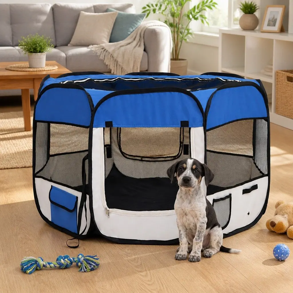 Foldable Dog Playpen with Carrying Bag Blue 90x90x58cm Portable Pet Run Cage